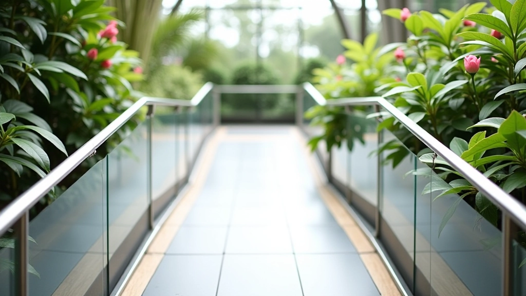 Modern interior ramp with metal handrails, smooth surface, gentle incline, natural light