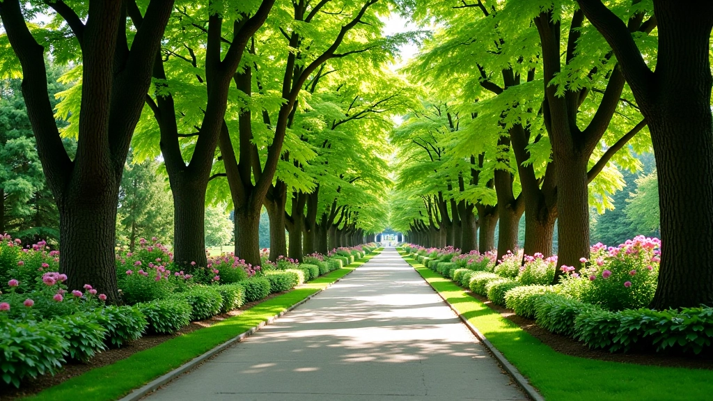 selkora botanical garden with mature trees, walking paths, and flowering shrubs creating peaceful natural setting