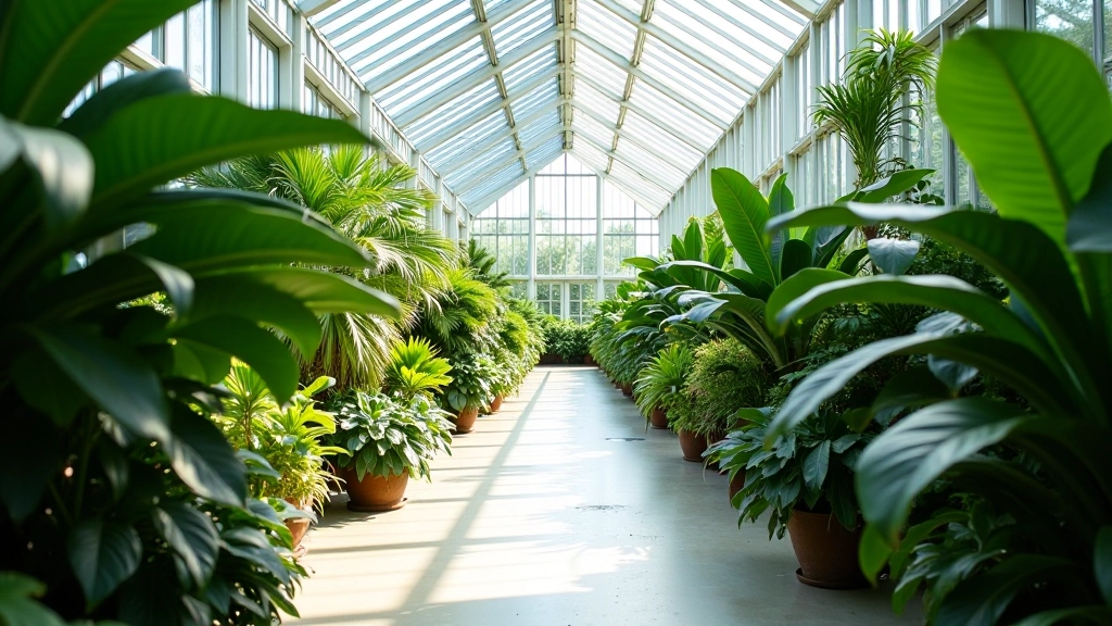 Interior conservatory corridor with natural light filtering through glass roof panels, tropical foliage lining both sides, wide walkway
