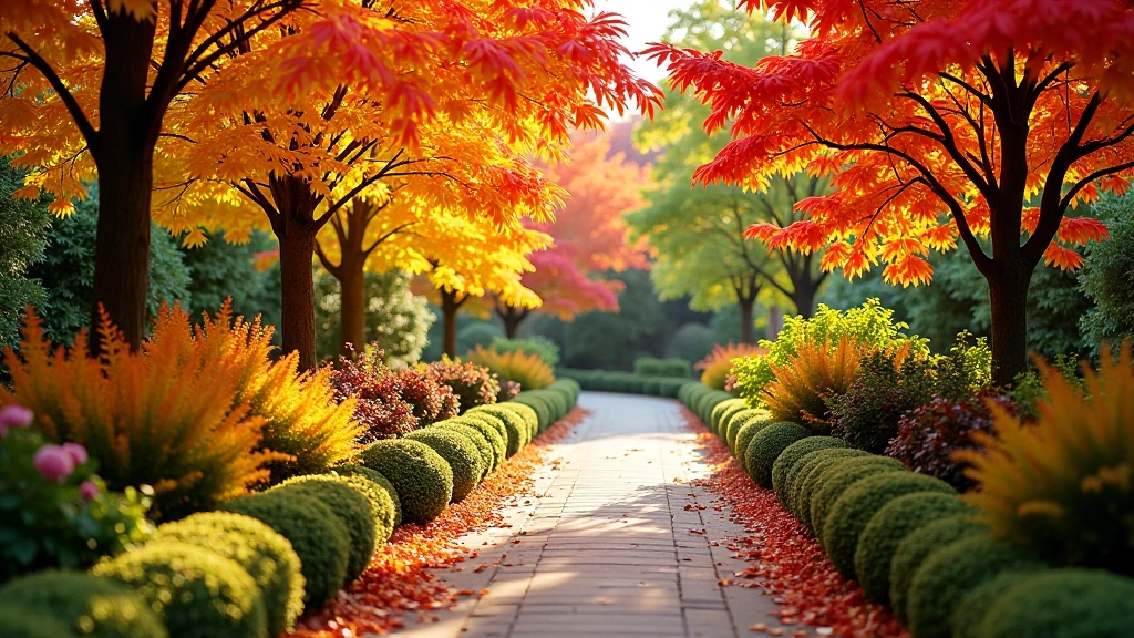 Autumn garden pathway lined with golden and red foliage, maple trees in full fall color