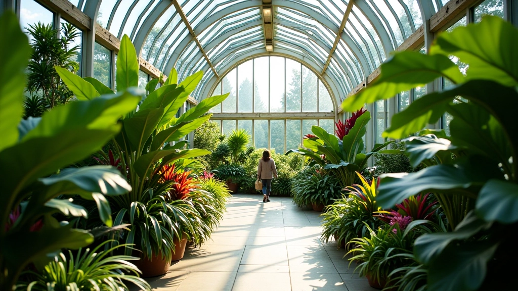 Shaded conservatory pathway with glass ceiling and tropical plants, comfortable walking pace