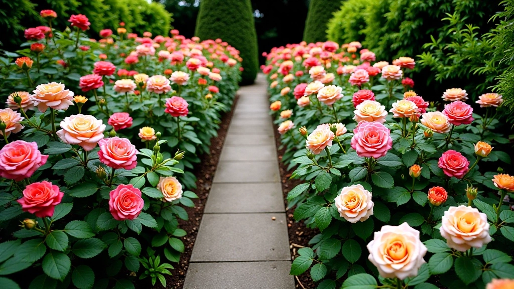Overhead perspective of colorful rose beds in full bloom at selkora Botanical Garden with visitors enjoying the pathways