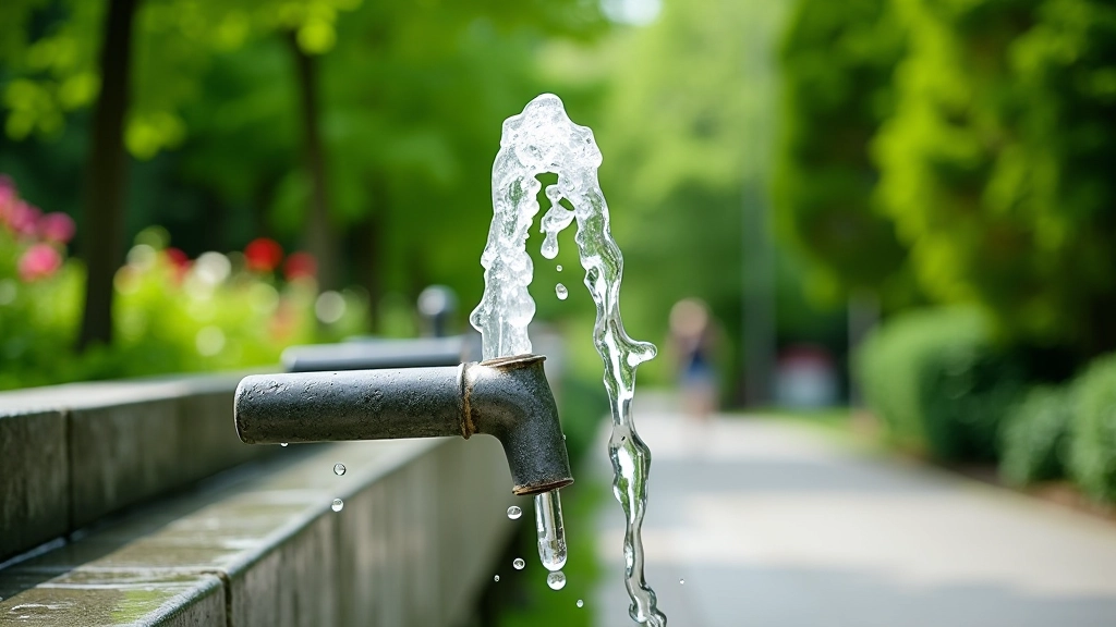 Public water fountain station with accessible height and clear drinking spout in garden setting