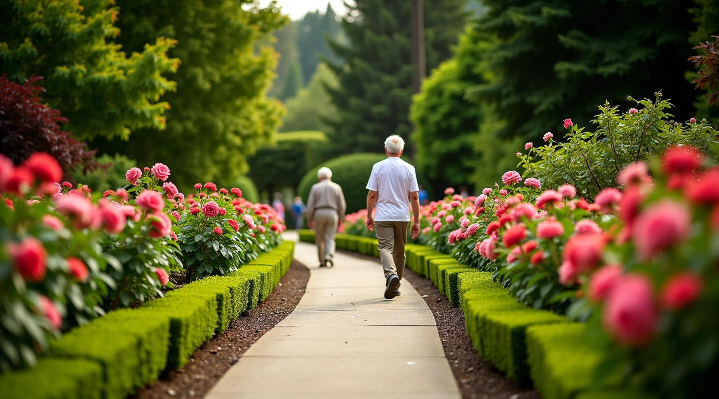 Winding path through botanical garden with rose beds and flowering shrubs on both sides, peaceful senior walkers
