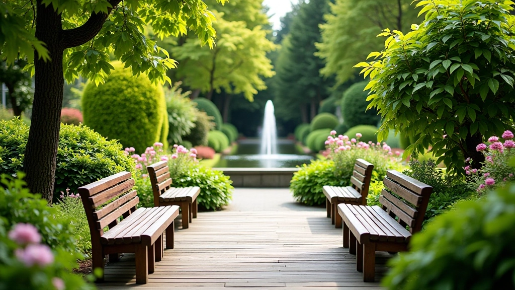 Peaceful garden seating area with benches overlooking water features and flowering plants
