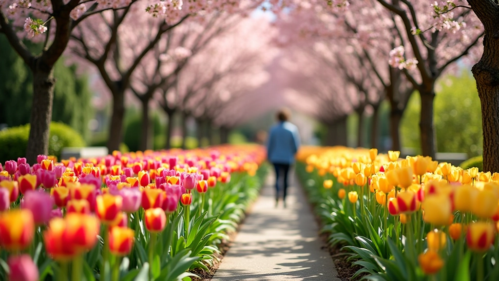 Spring garden display with vibrant tulips and cherry blossoms in full bloom at the botanical garden