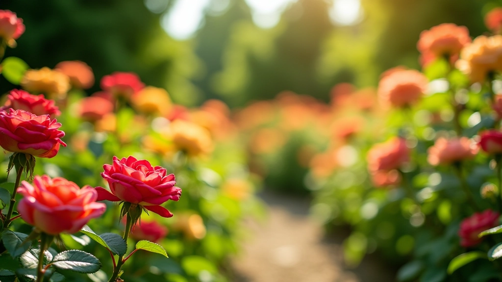 Lush summer garden featuring abundant red and pink roses in full bloom with green foliage