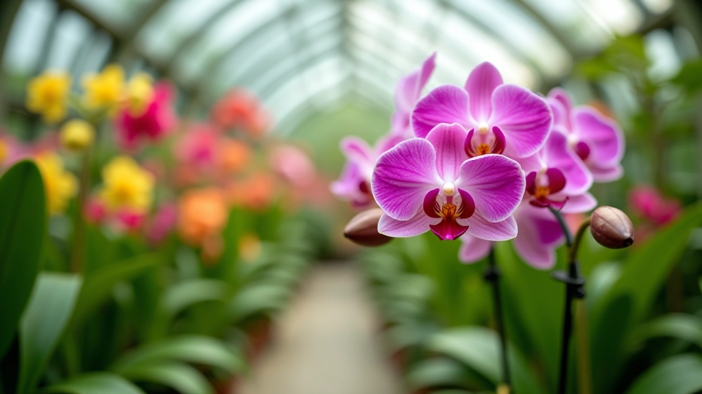 Flowering orchid plants in conservatory setting, vibrant blooms, lush foliage, natural lighting