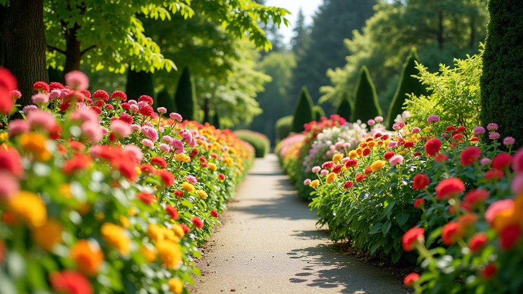 Colorful seasonal garden display with vibrant flowers in bloom during peak growing season