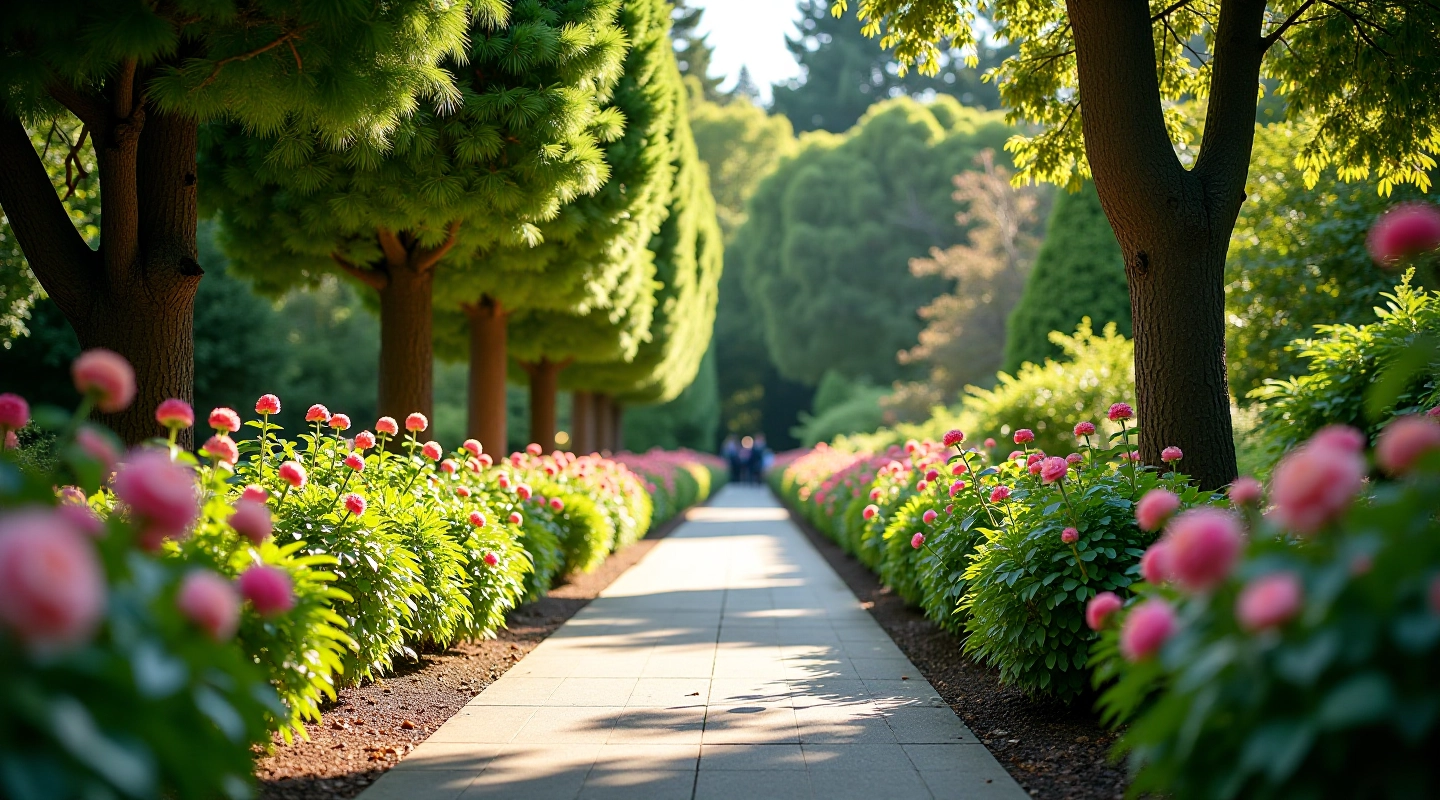 Serene botanical garden pathway with blooming flowers and benches, peaceful walking environment for seniors