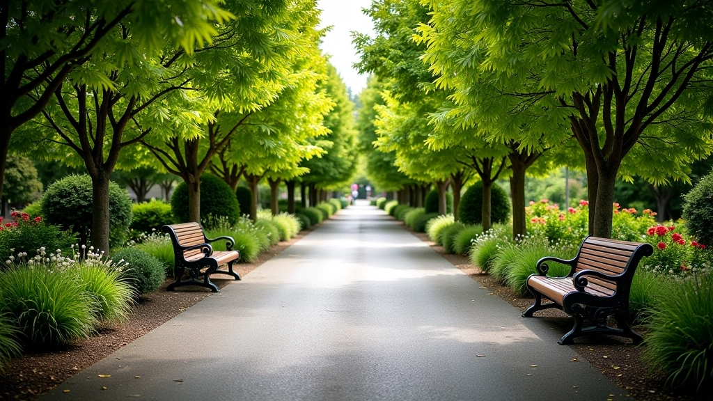 Wide accessible garden pathway with smooth paved surface and benches positioned at regular intervals