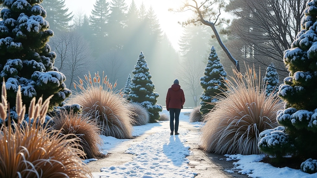 Winter garden with frost-covered evergreens, ornamental grasses, and structure-focused plantings