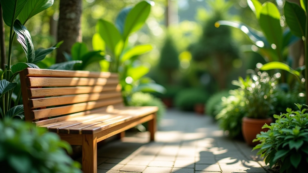 Wooden bench in garden setting with plants in background, natural light, comfortable seating position
