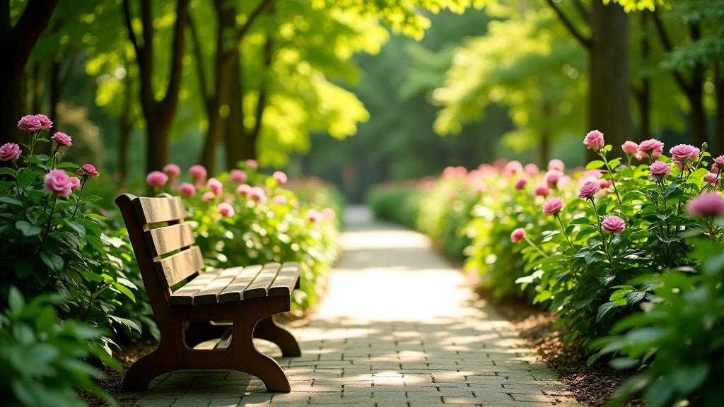 Wooden bench positioned along a garden pathway with view of rose gardens and flowering shrubs in the background