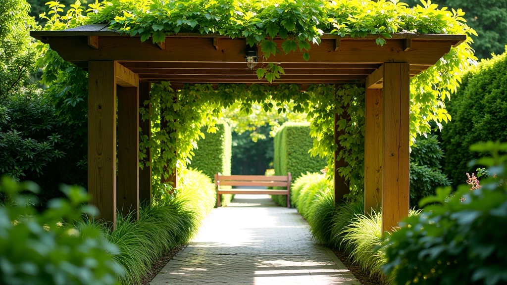 Covered pergola seating area with climbing vines providing natural shade over garden pathway